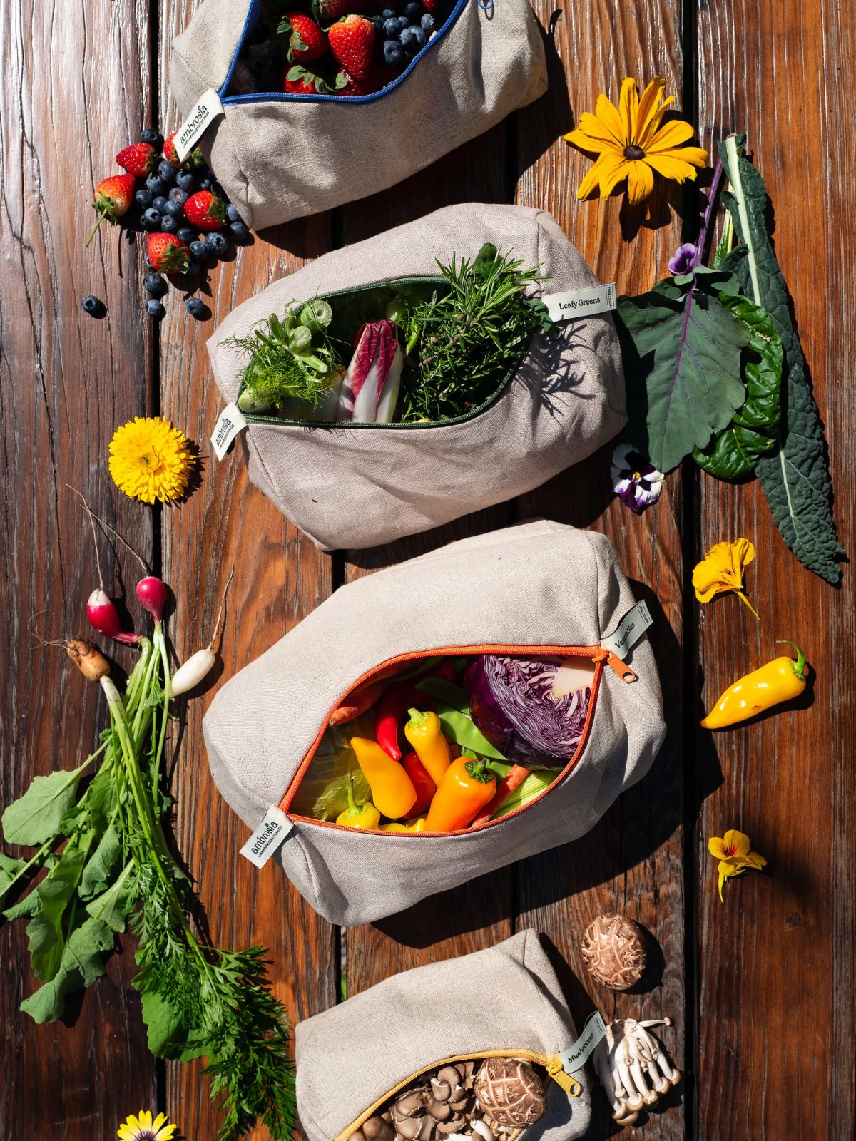 Ambrosia linen bags with fresh produce